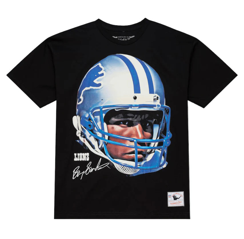 Adult Barry Sanders Detroit Lions Mitchell & Ness Black Real NFL Big Face T-Shirt - Men's