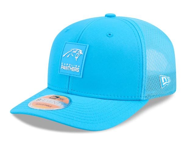 Adult Carolina Panthers New Era Blue 2025 NFL Sideline 9SEVENTY Adjustable Trucker Hat - Men's