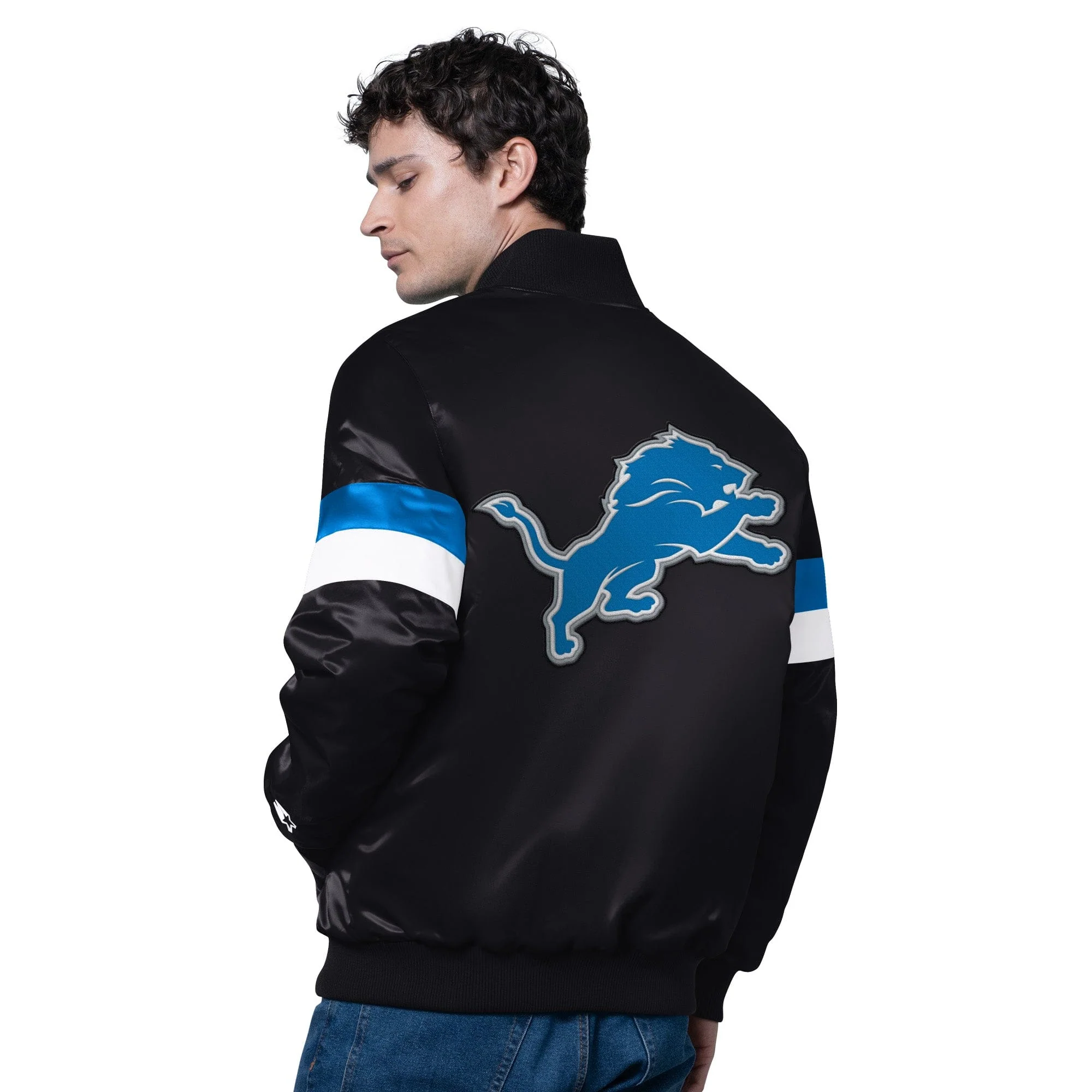 Adult Detroit Lions Starter Black Triple Option Varsity Satin Jacket - Men's - Image 2