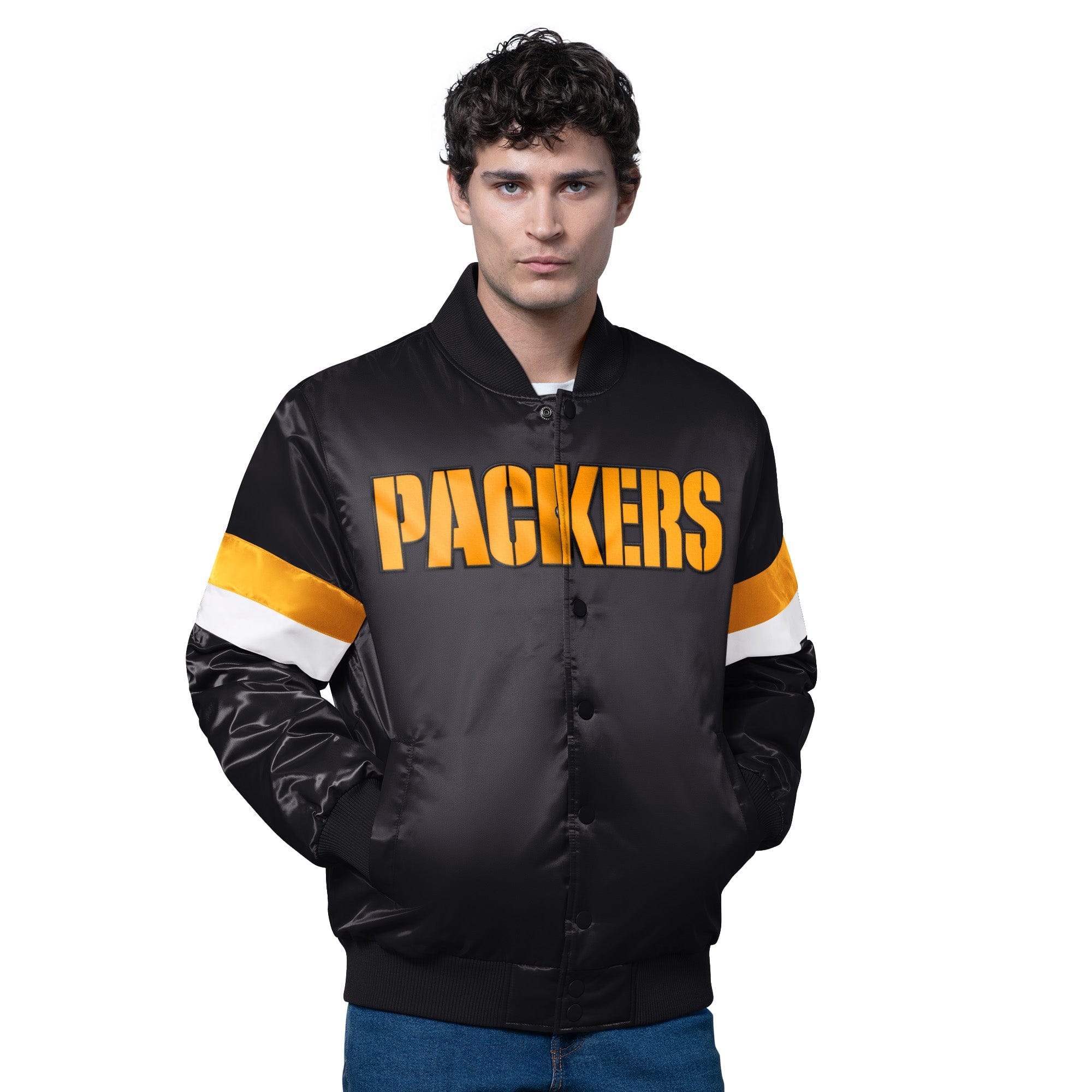 Adult Green Bay Packers Starter Black Triple Option Varsity Satin Jacket - Men's