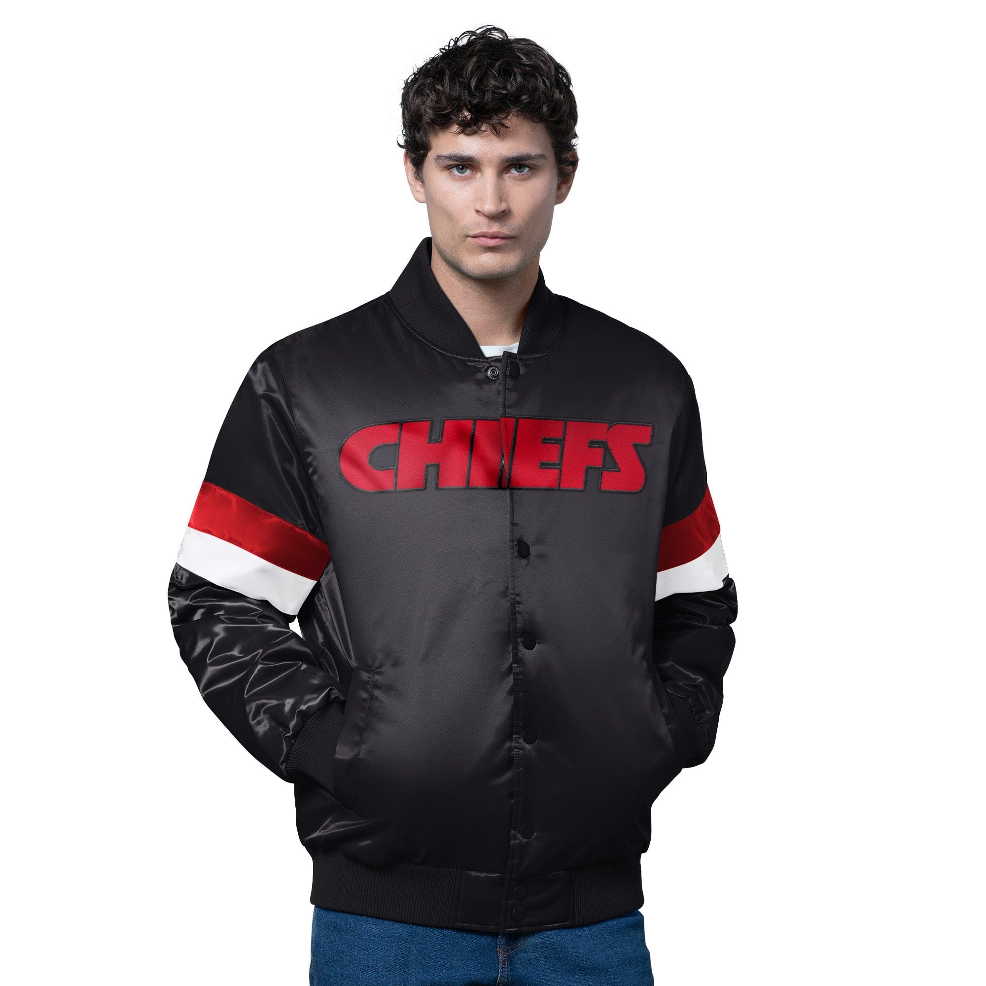Adult Kansas City Chiefs Starter Black Triple Option Varsity Satin Jacket - Men's