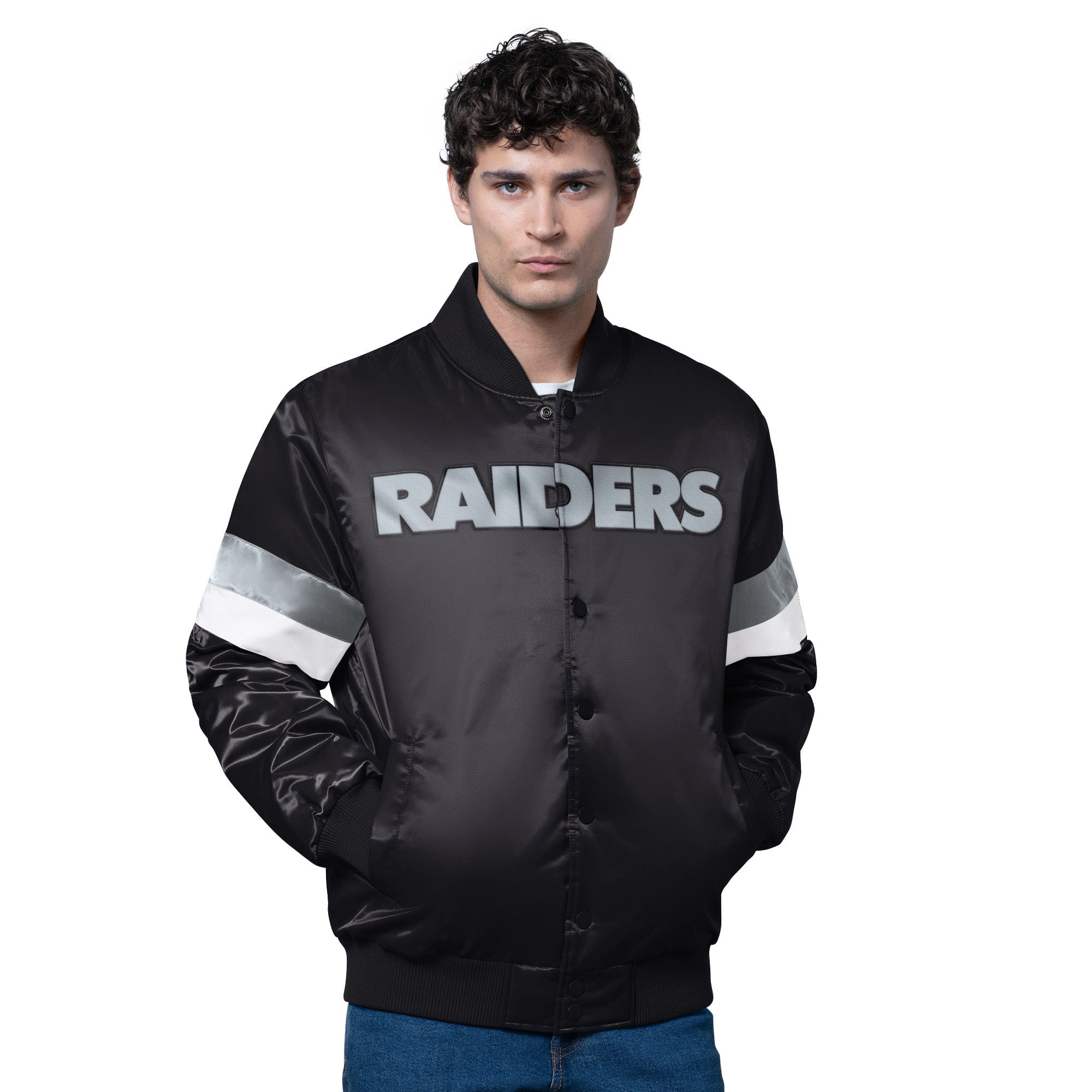 Adult Las Vegas Raiders Starter Black Triple Option Varsity Satin Jacket - Men's