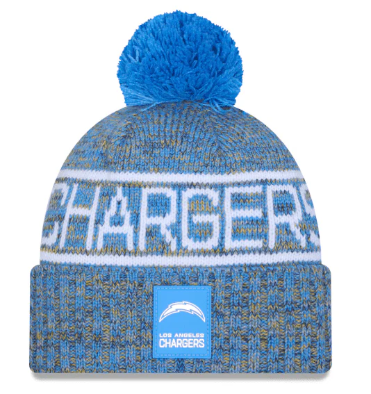 Adult Los Angeles Chargers New Era 2025 Powder Blue Sideline Cuffed Knit Hat With Pom - Men's