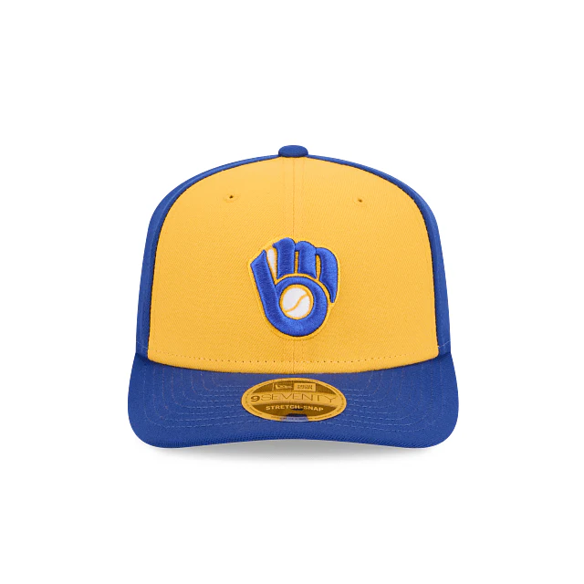 Adult Milwaukee Brewers Vintage New Era Yellow/ Navy Replica Team Logo 9SEVENTY Stretch-Snapback Hat - Men's - Image 3