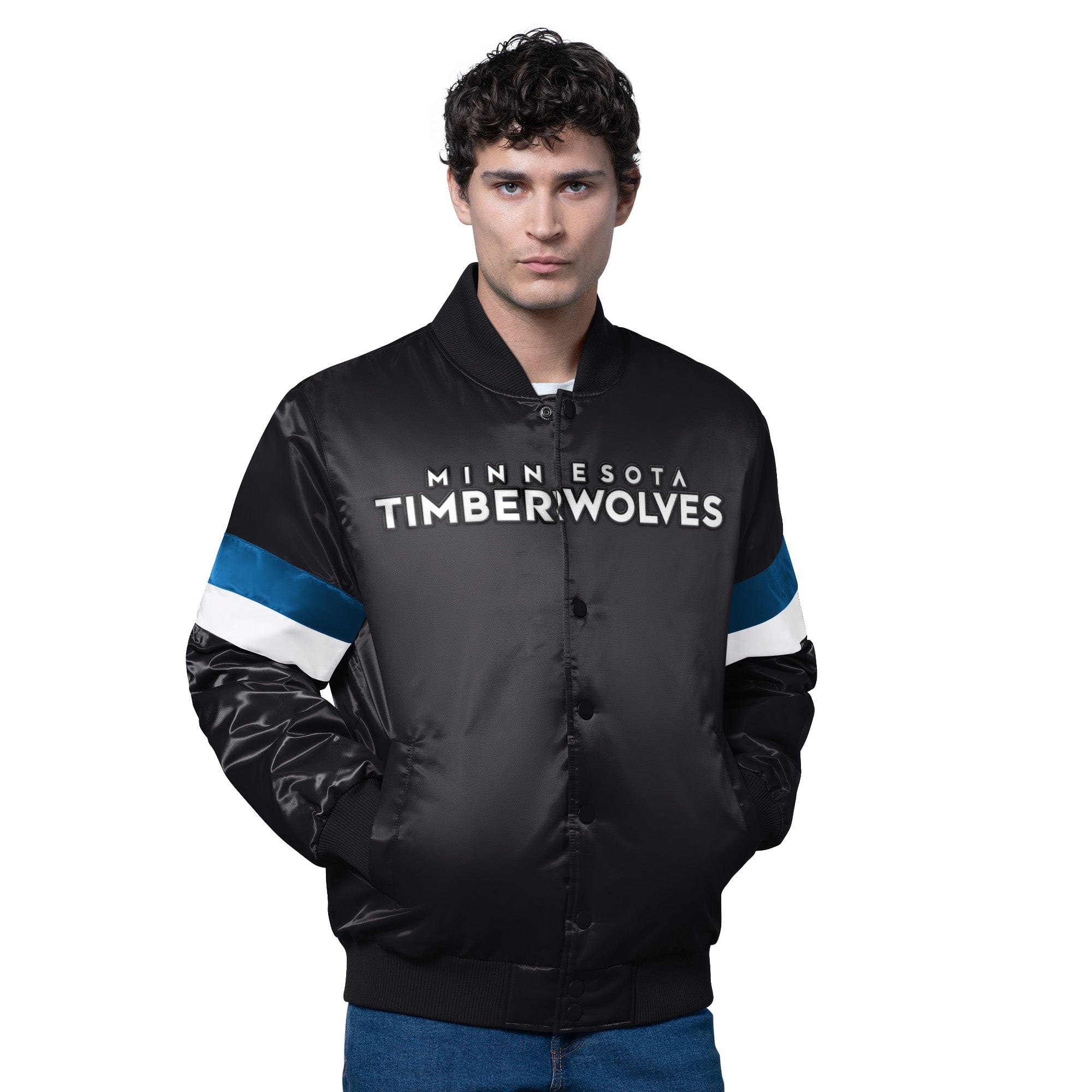 Adult Minnesota Timberwolves Starter Black Triple Option Varsity Satin Jacket - Men's