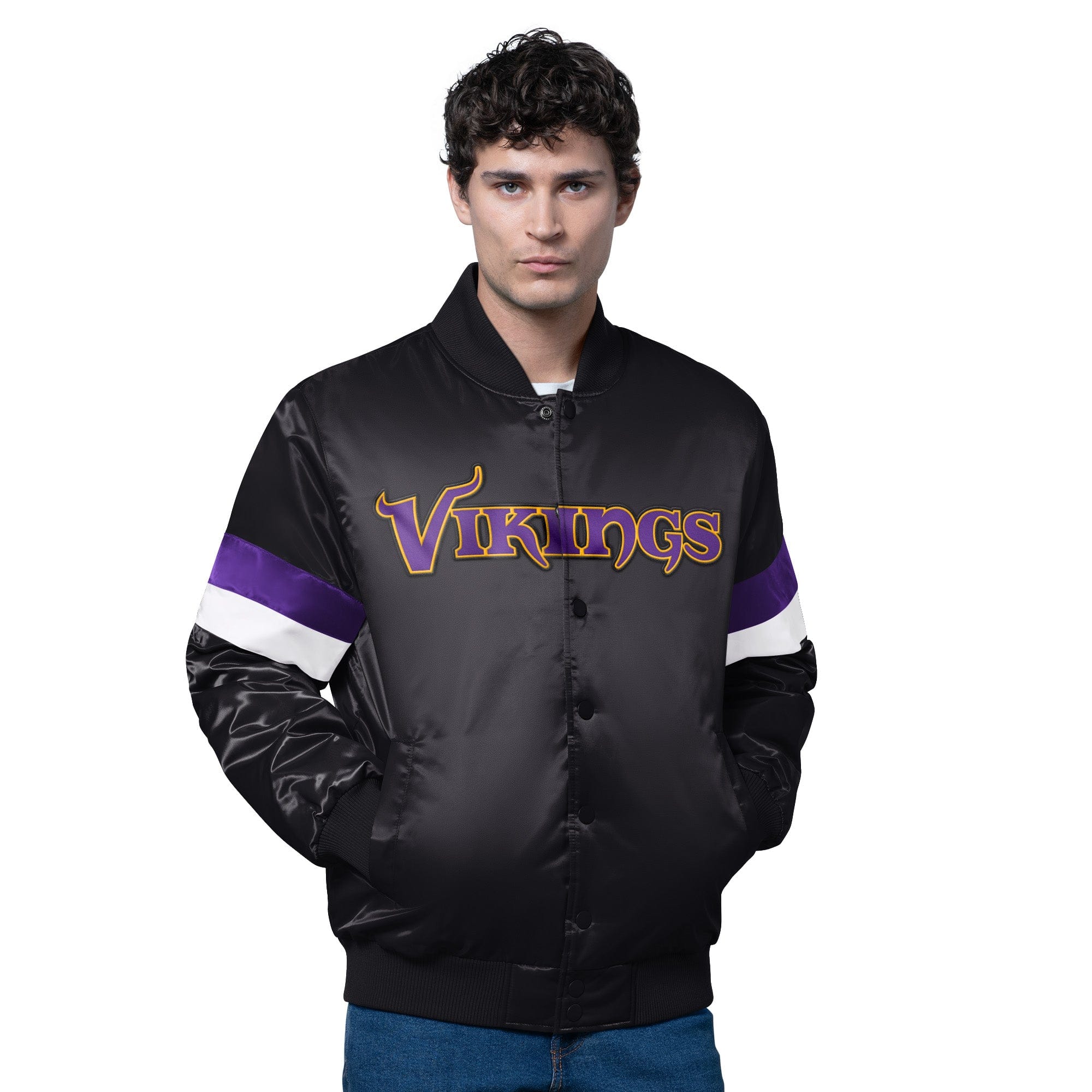 Adult Minnesota Vikings Starter Black Triple Option Varsity Satin Jacket - Men's