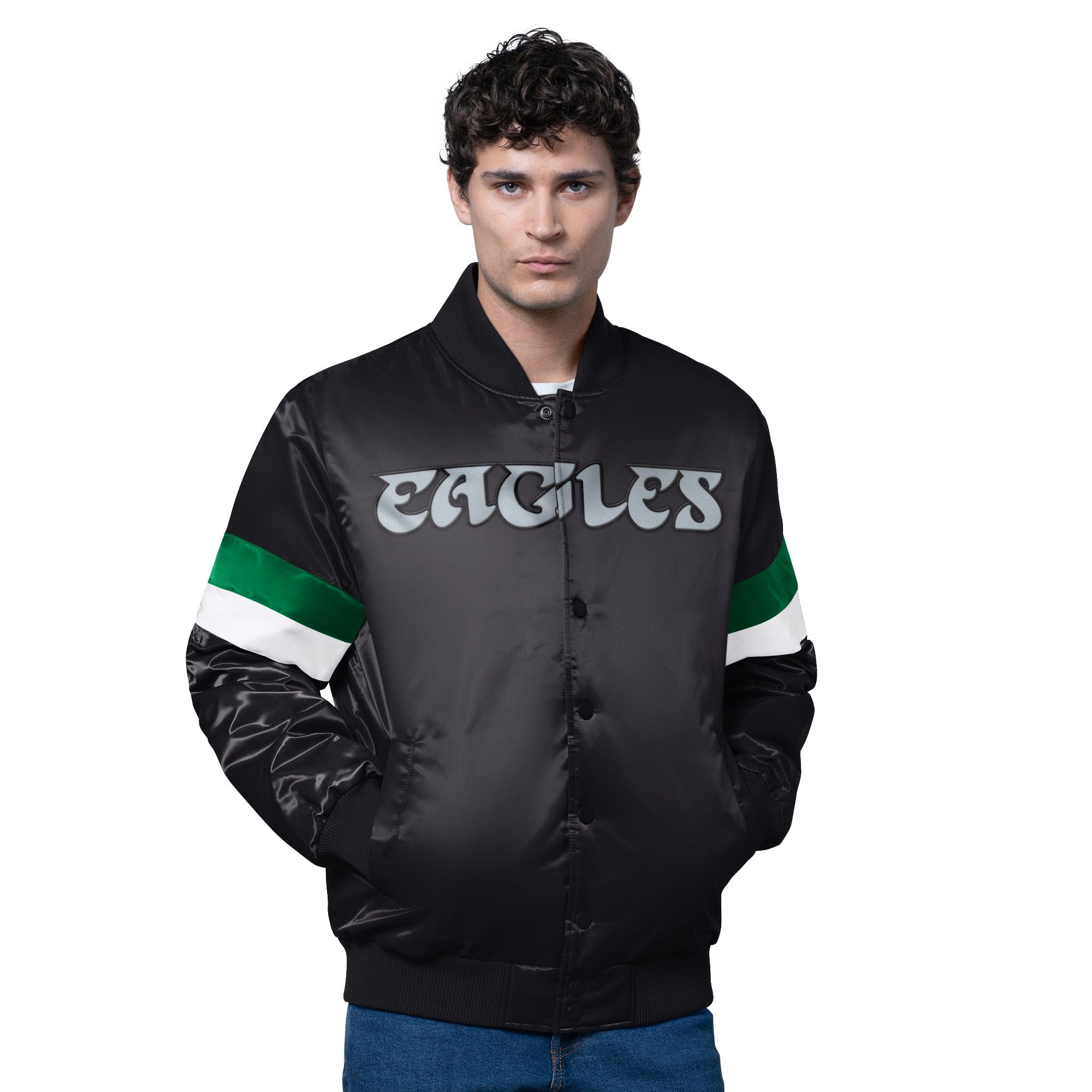 Adult Philadelphia Eagles Starter Black Triple Option Varsity Satin Jacket - Men's