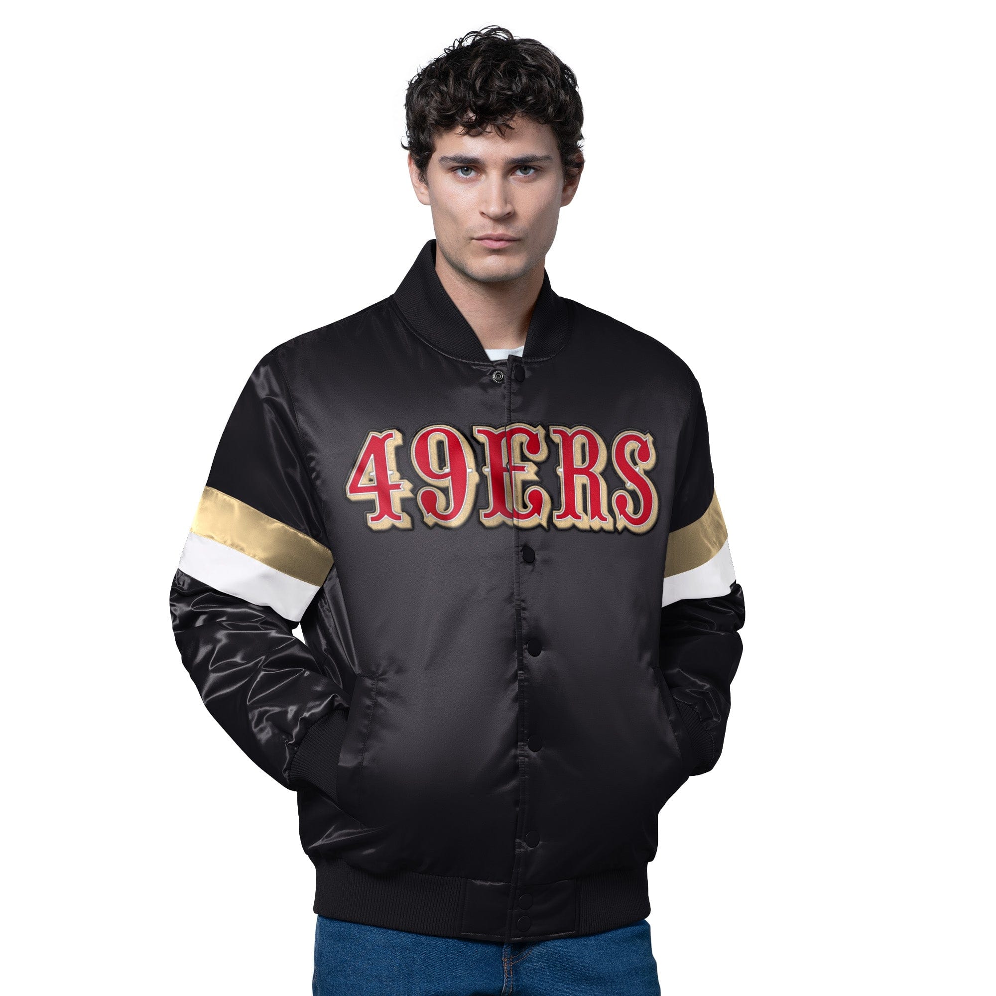 Adult San Francisco 49ers Starter Black Triple Option Varsity Satin Jacket - Men's