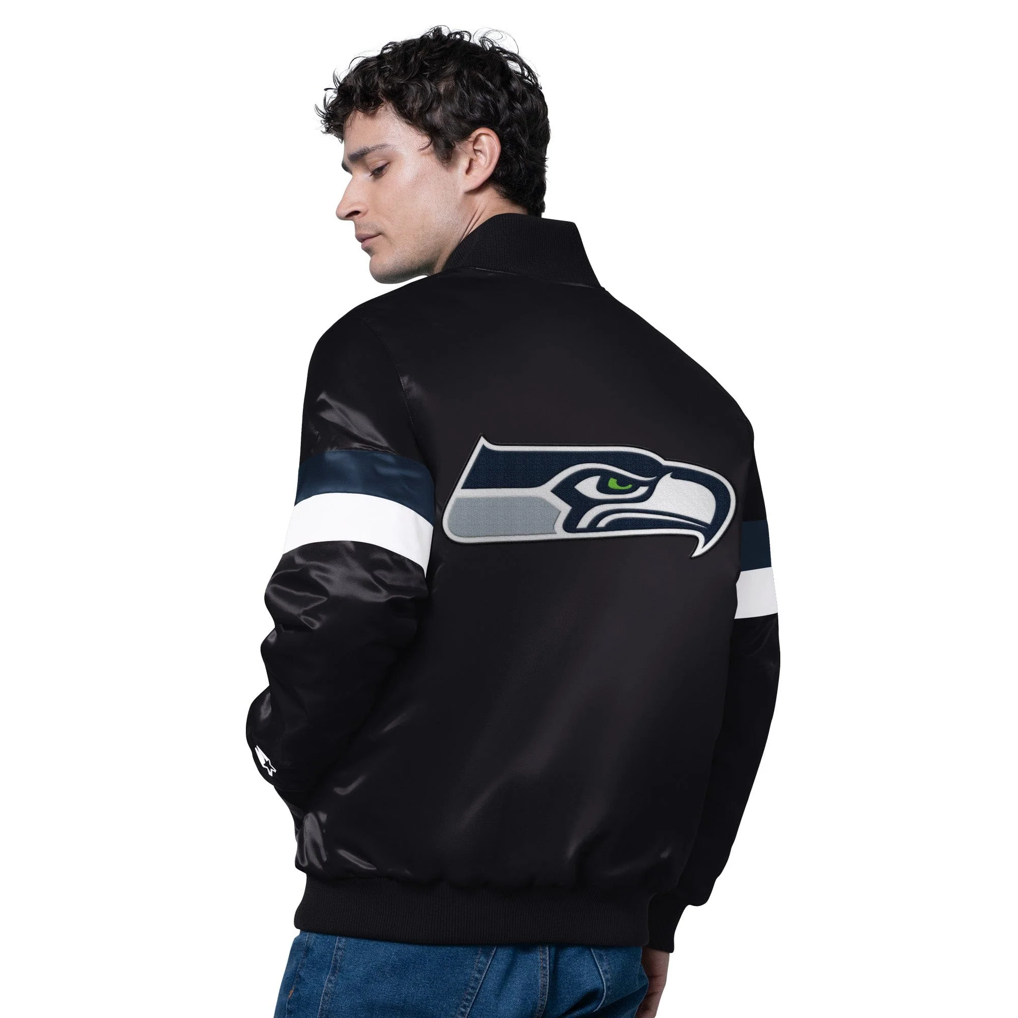 Adult Seattle Seahawks Starter Black Triple Option Varsity Satin Jacket - Men's - Image 2