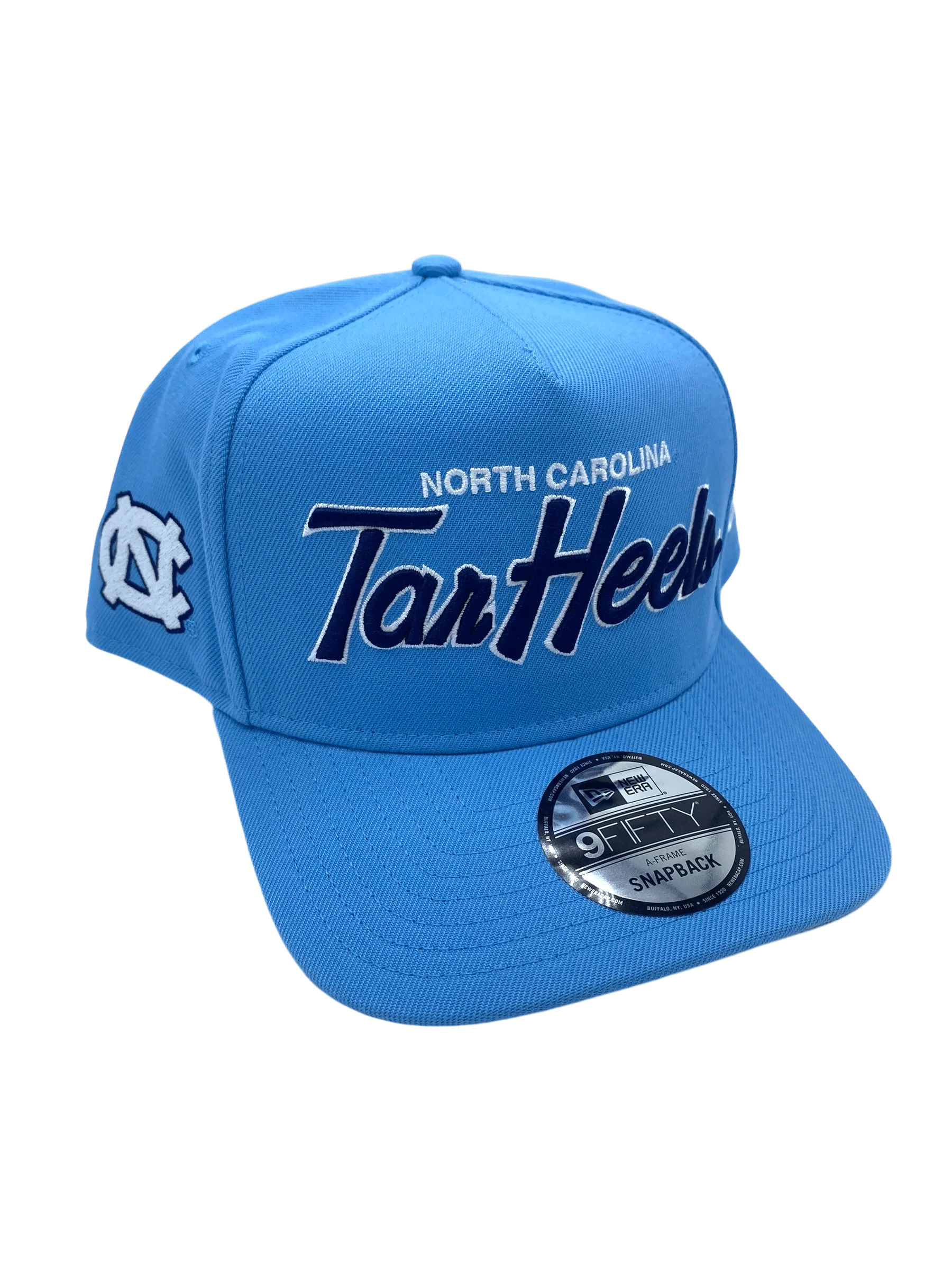 Adult North Carolina Tar Heels New Era Light Blue Script A-Frame 9FIFTY Adjustable Snapback Hat- Men's